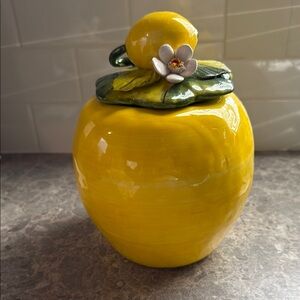 Sunny Yellow Ceramic Lemon Jar with Floral Accent